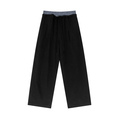 Plaid-contrast waist pants in black, wide-leg pull-on style with elastic waistband