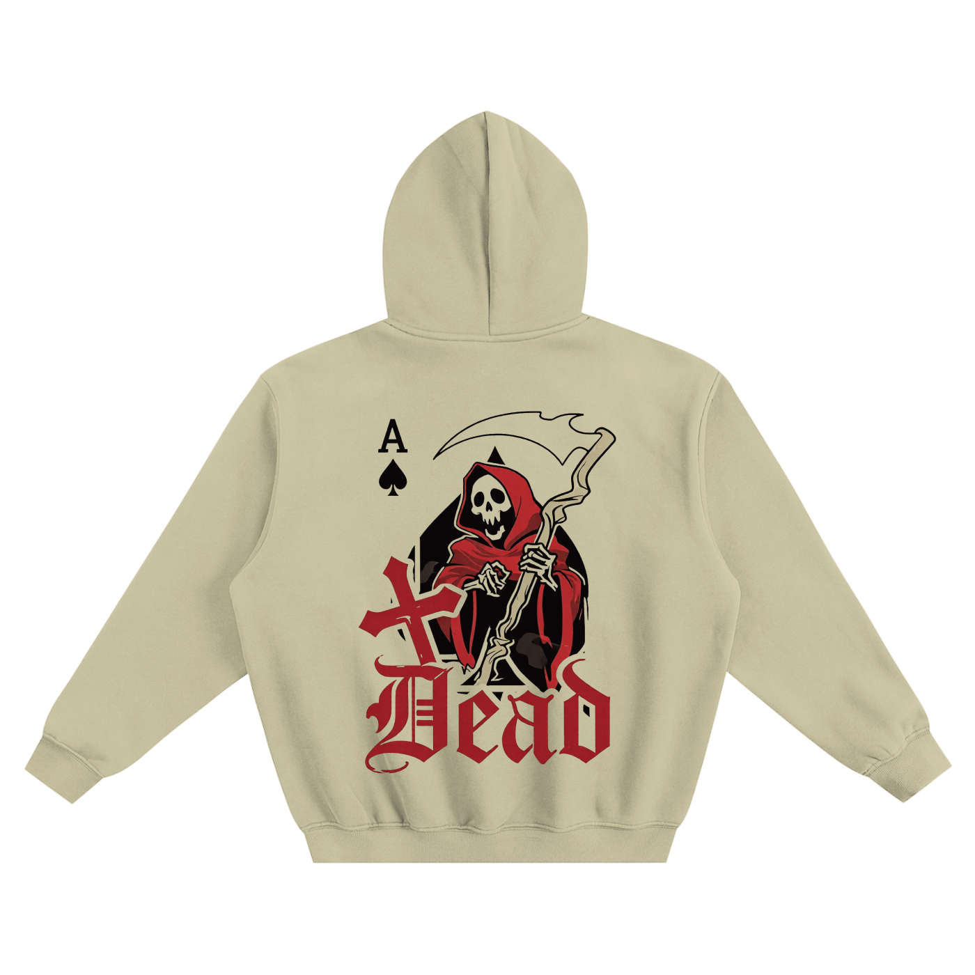 Boxy fleece hoodie, cream apricot, back large skeleton playing-card graphic
