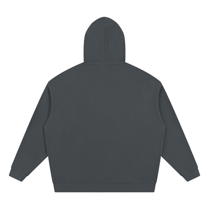 Dark gray unisex waffle hoodie, back view with hood and long sleeves