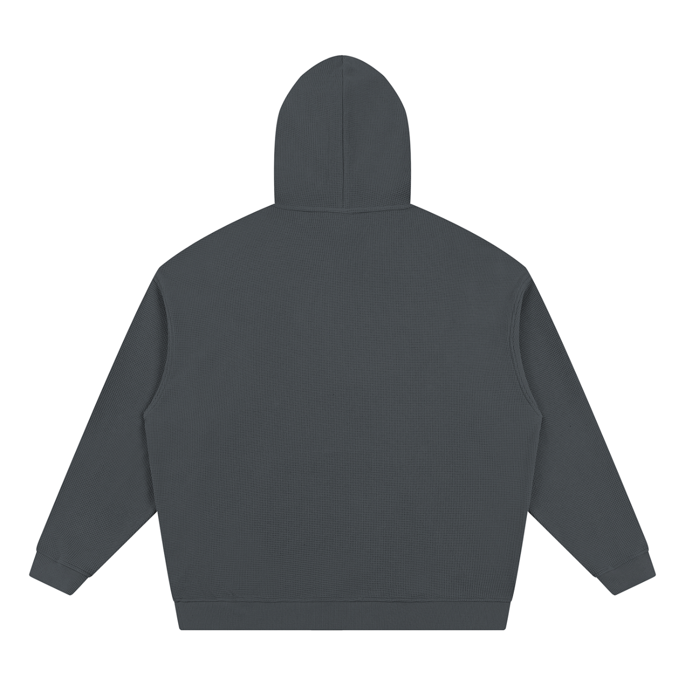 Dark gray waffle pullover hoodie, back view with hood and relaxed fit
