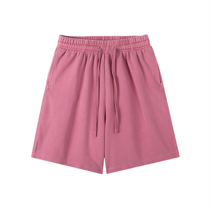 Cotton vintage-wash shorts in dusty rose pink, elastic waist and drawstring, side pockets