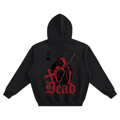 Boxy fleece hoodie, black, back large skeleton playing-card graphic