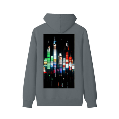 Unisex cotton hoodie, dark light-gray color, back view with cityscape graphic print
