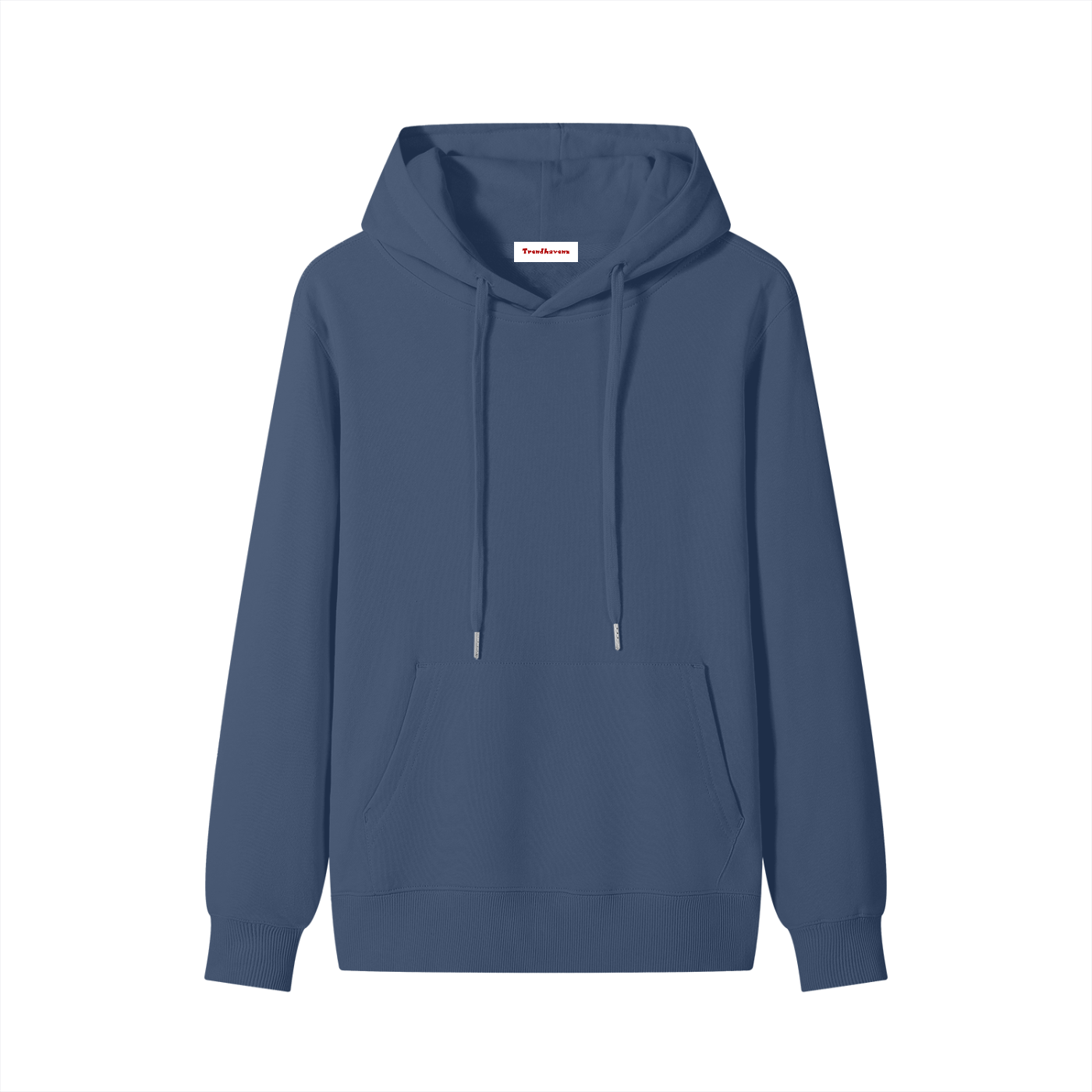 Unisex cotton hoodie in medium blue, front pocket and drawstring hood