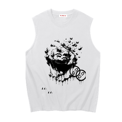 White sleeveless graphic tank with melting face front print