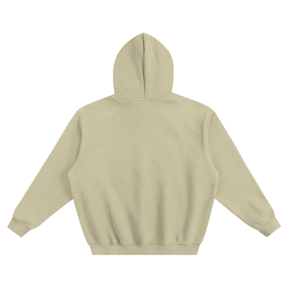 Olive green oversized pullover hoodie, back view with hood