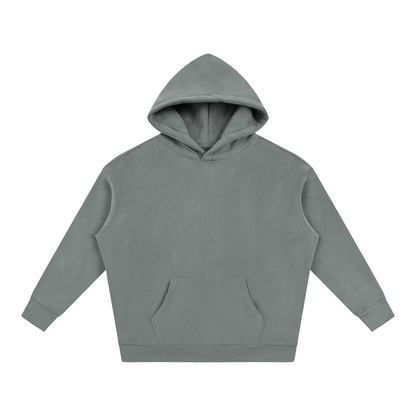 Sage gray oversized fleece hoodie with hood and kangaroo pocket, long sleeves.