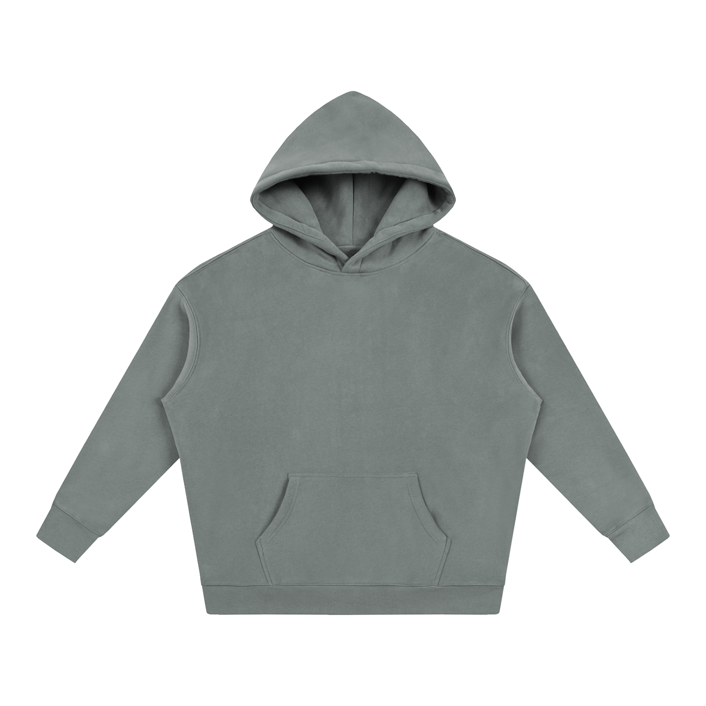 Sage gray oversized fleece pullover hoodie with hood and kangaroo pocket.