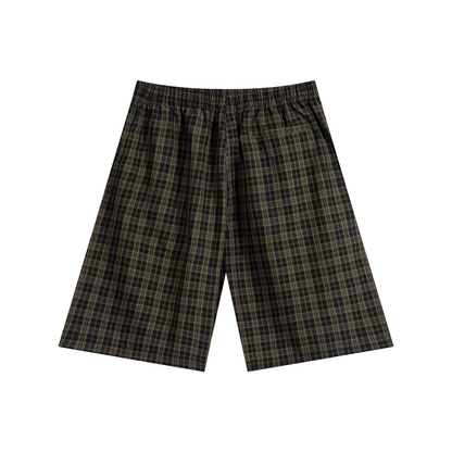 Dark plaid wide-leg shorts with elastic waistband and drawstring ties