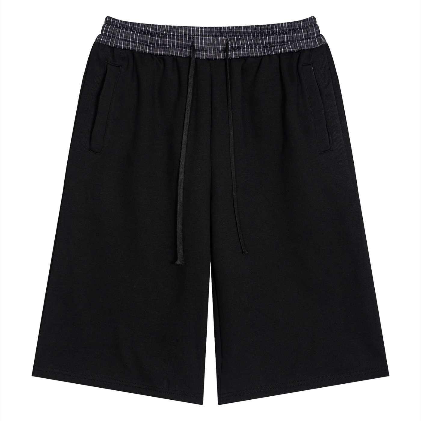 Black unisex plaid-waistband shorts with drawstring and side pockets