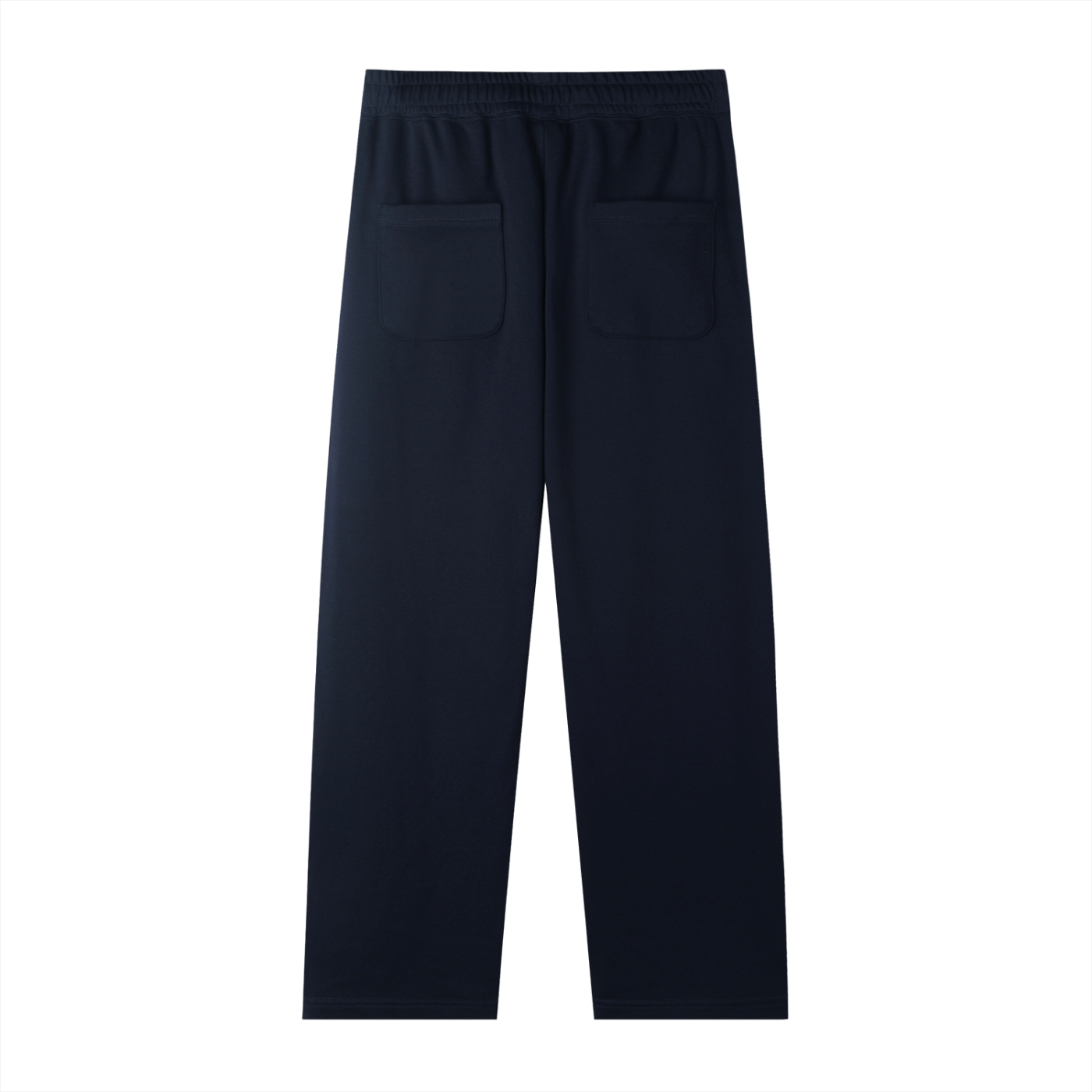 Navy blue straight-leg sweatpants with elastic waistband and side pockets