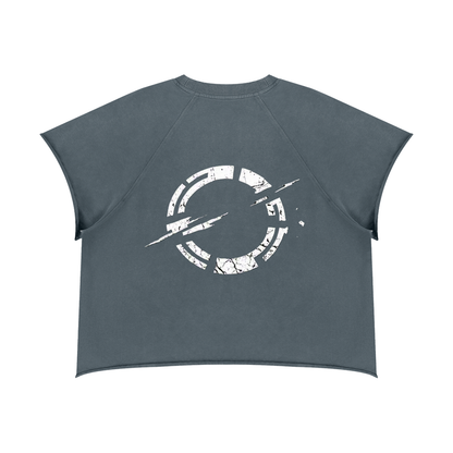 Gray blue boxy crewneck T-shirt with distressed circular glitch graphic on front