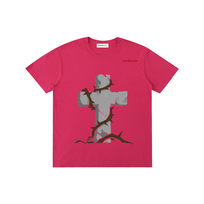 Unisex cotton T-shirt, light pink, gray Jesus kneeling graphic