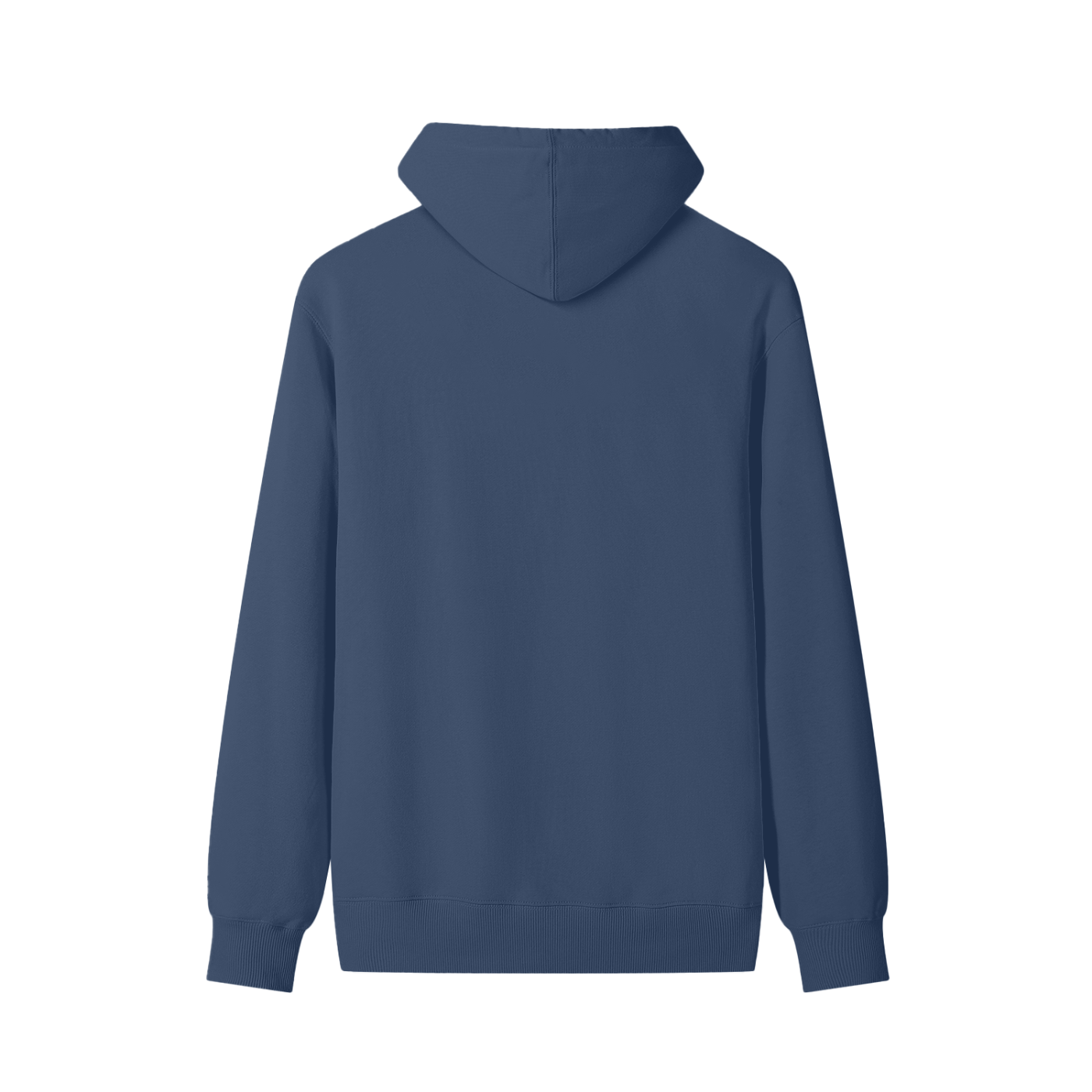 Unisex cotton pullover hoodie, back view, dark blue hood and ribbed cuffs