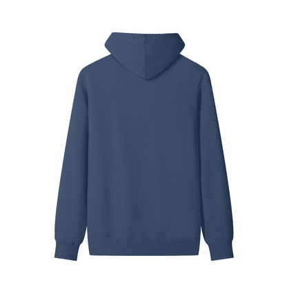 Unisex cotton pullover hoodie, back view, dark blue hood and ribbed cuffs