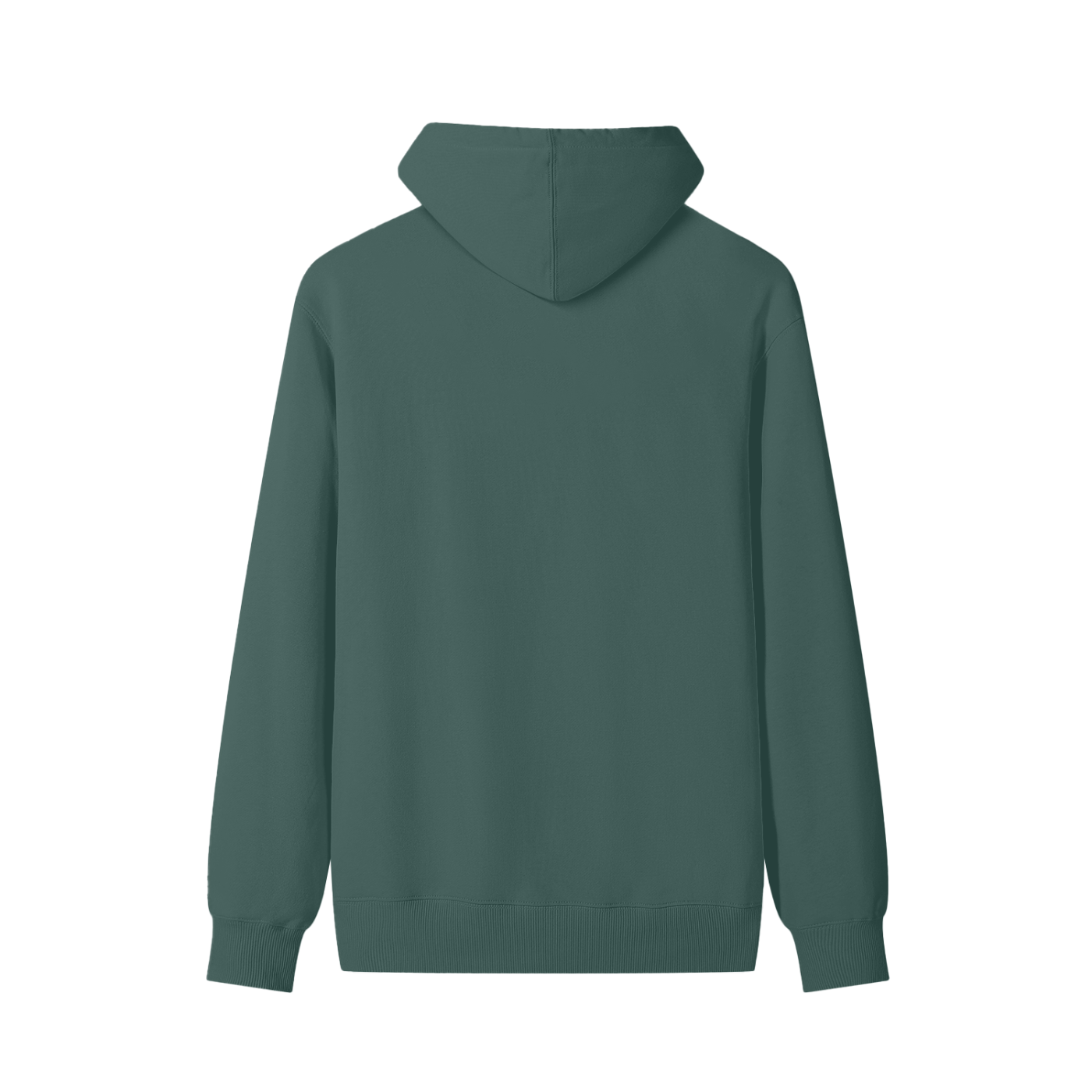 Olive green cotton pullover hoodie, back view with hood and relaxed fit.