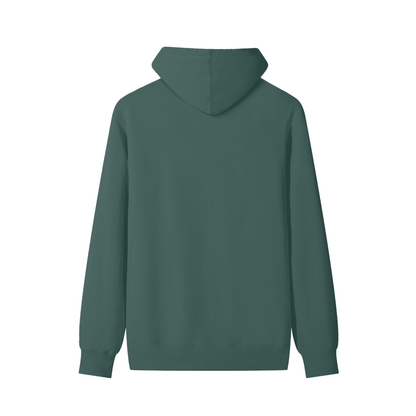 Green pullover hoodie, back view, with hood and kangaroo-pocket hem