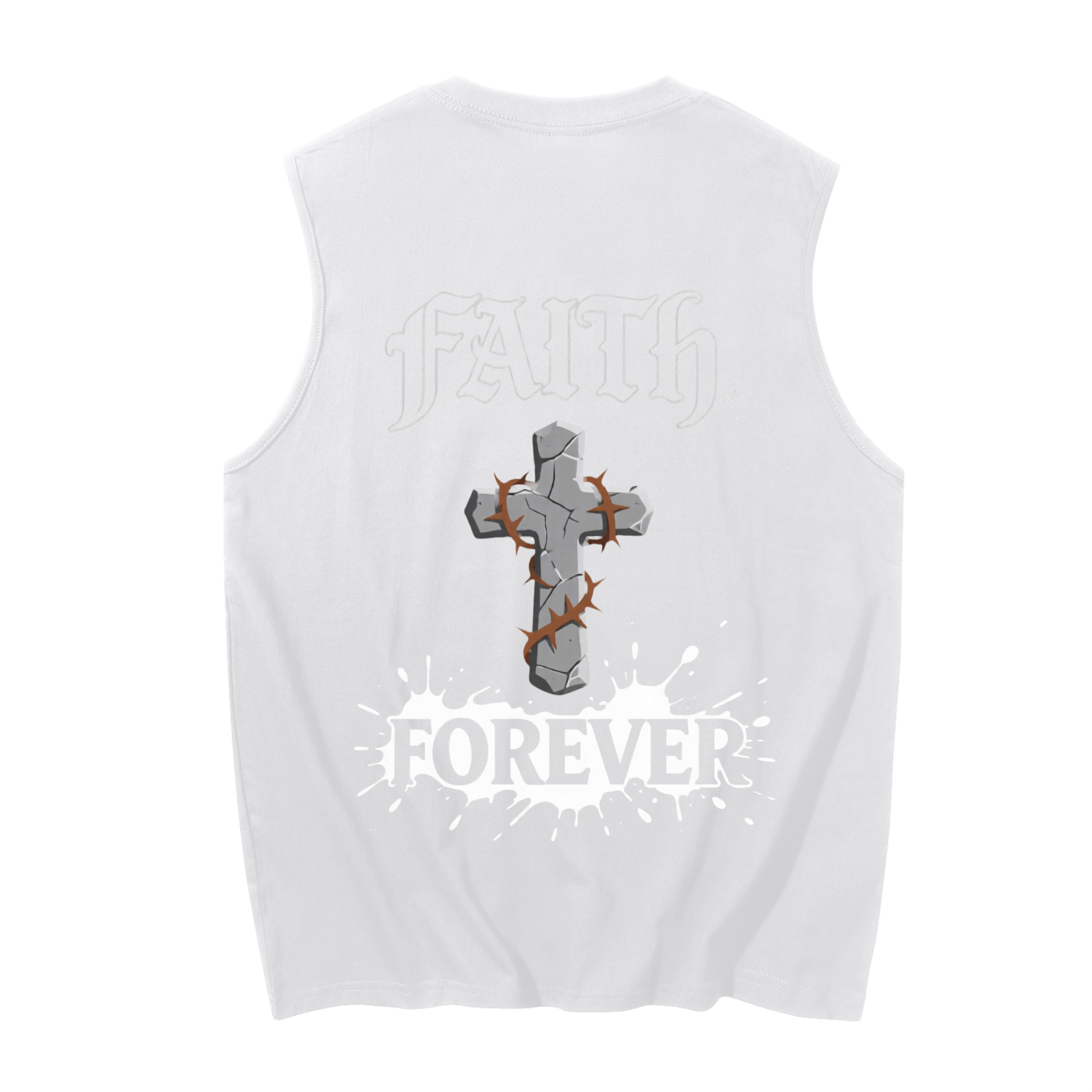 Men's sleeveless cotton tank top, white; large back graphic print; crew neck
