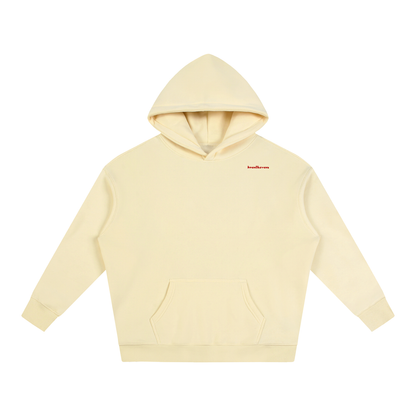 Oversize fleeced hoodie in cream with hood and front kangaroo pocket.