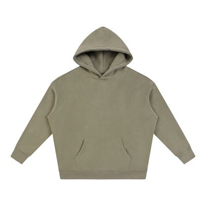 Oversize fleece pullover hoodie in olive brown, front view with kangaroo pocket