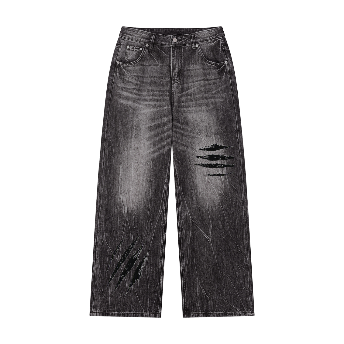 Black vintage-wash wide-leg jeans with distressed slash patches on front legs