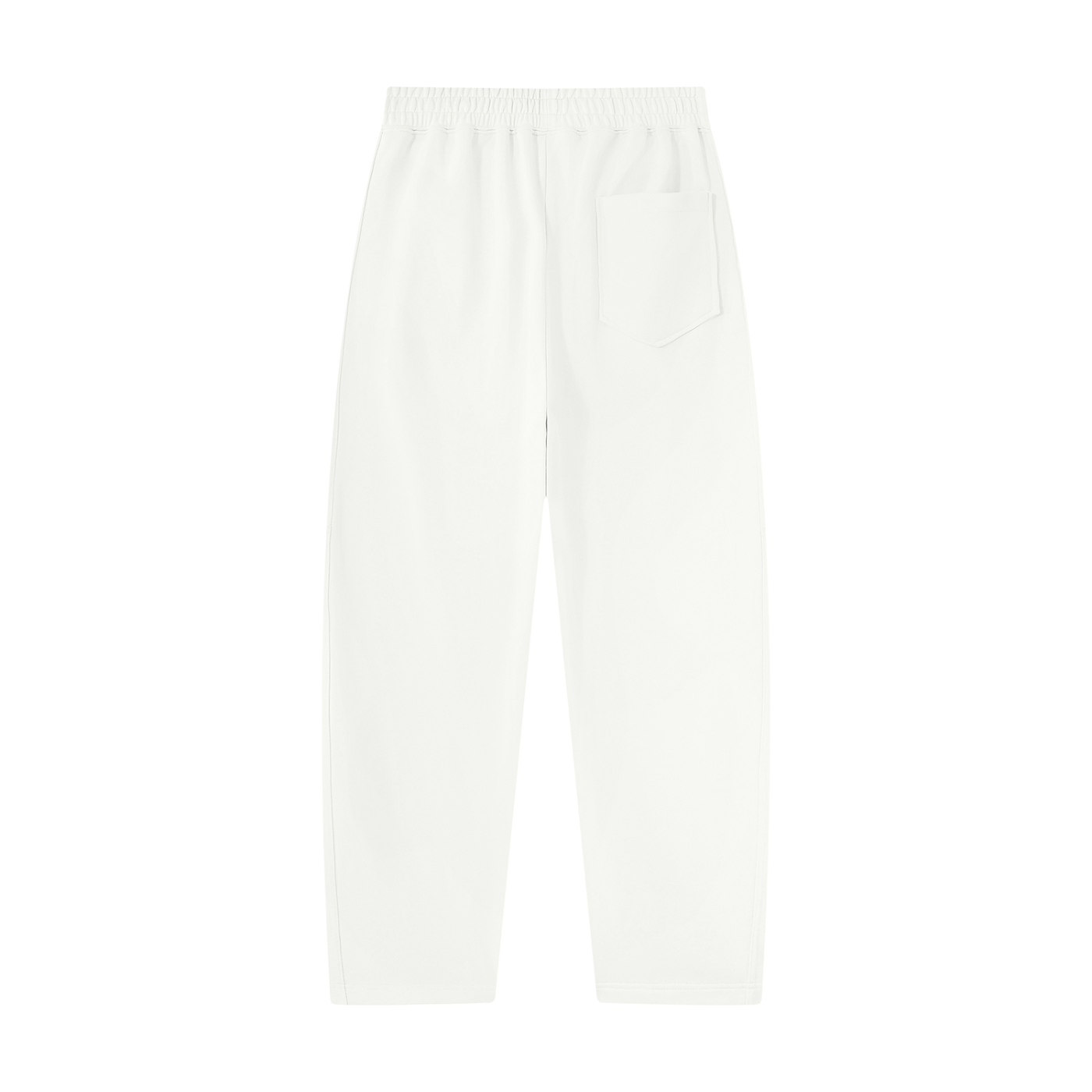 White unisex sweatpants with elastic waistband and side patch pocket on right leg.