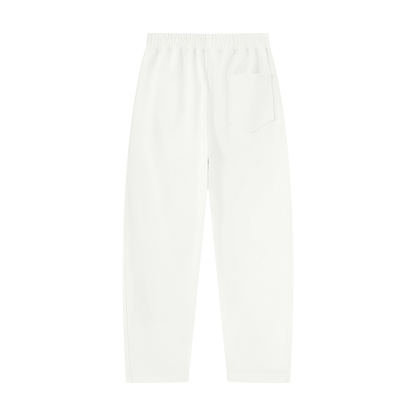 White unisex sweatpants with elastic waistband and side patch pocket on right leg.