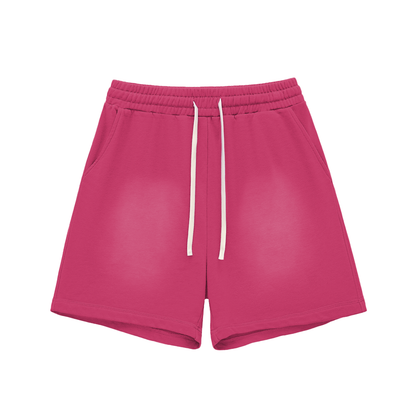 Rose red cotton shorts with elastic waistband, drawstring, straight hems