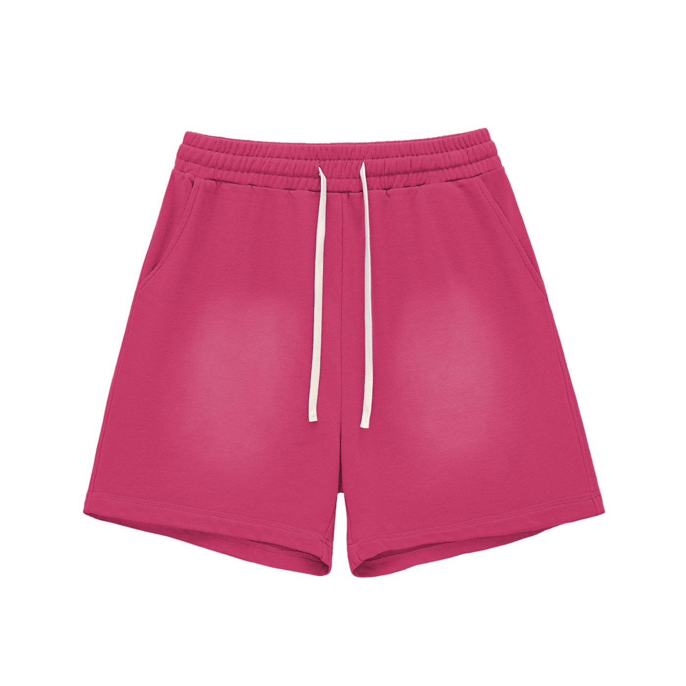 Rose red cotton shorts with elastic waistband, drawstring, raw hem, sun-fade distress.