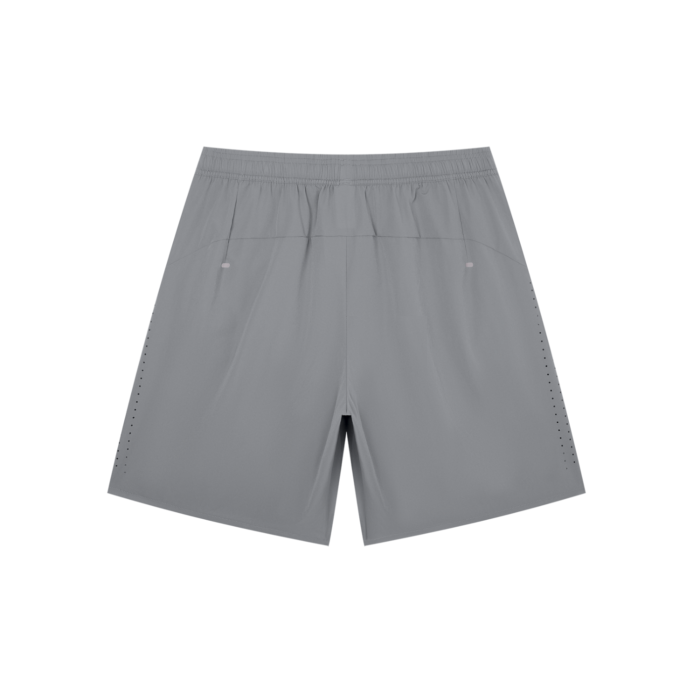Men's performance shorts in light gray, elastic waistband, side pocket openings