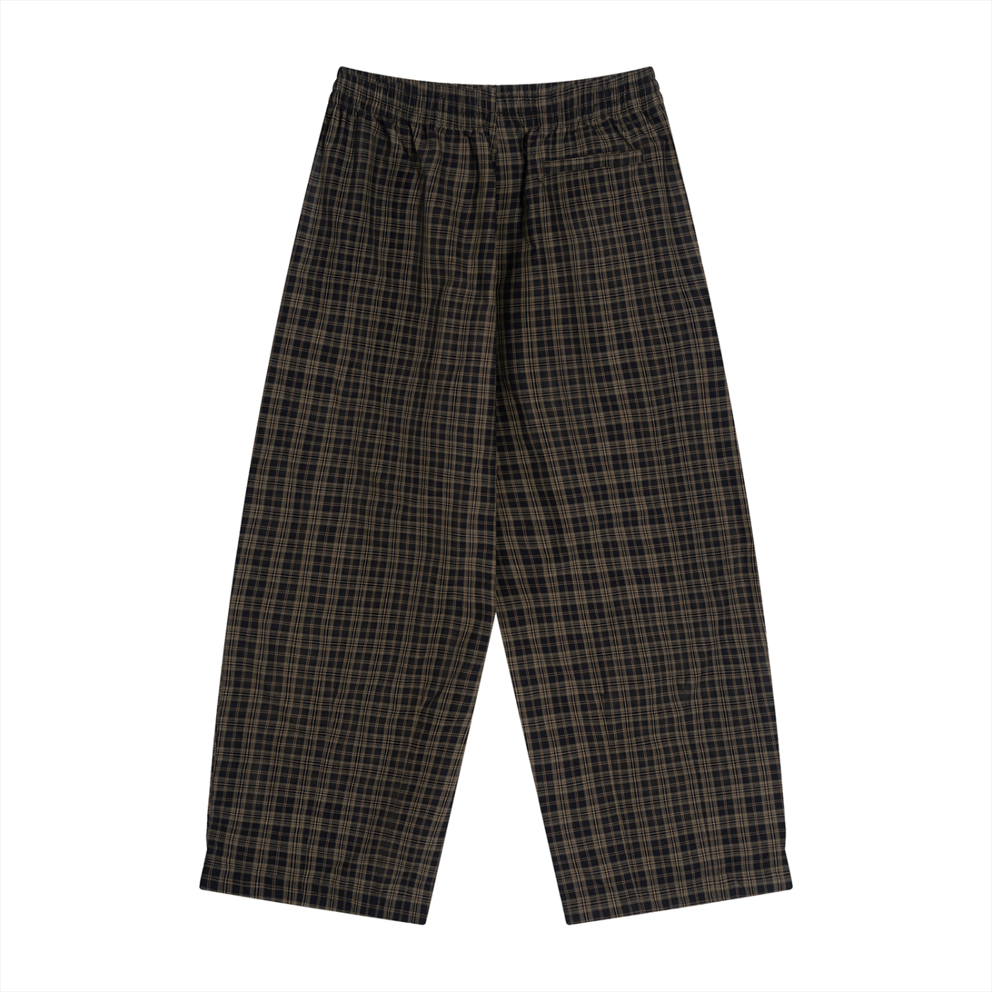 Black plaid wide-leg pants with elastic waistband, full-length loose fit