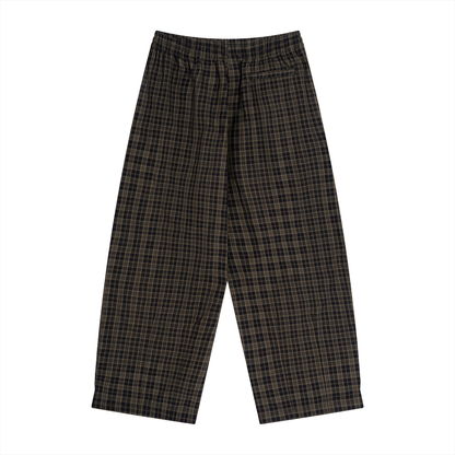 Black plaid wide-leg pants with elastic waistband, full-length loose fit