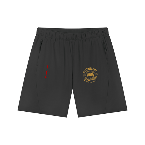 Black basketball shorts with drawstring waist, side pockets, and front logo patch