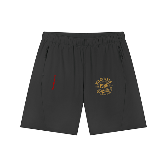 Black basketball shorts with drawstring waist, side pockets, and front logo patch