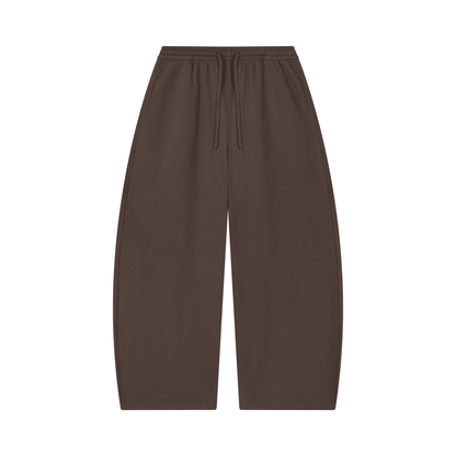 Waffle barrel leg pants in dark brown, elastic waistband with drawstring