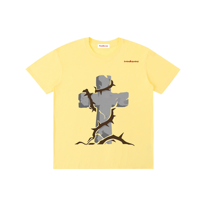 Unisex pure cotton T-shirt, pale yellow with gray Jesus graphic
