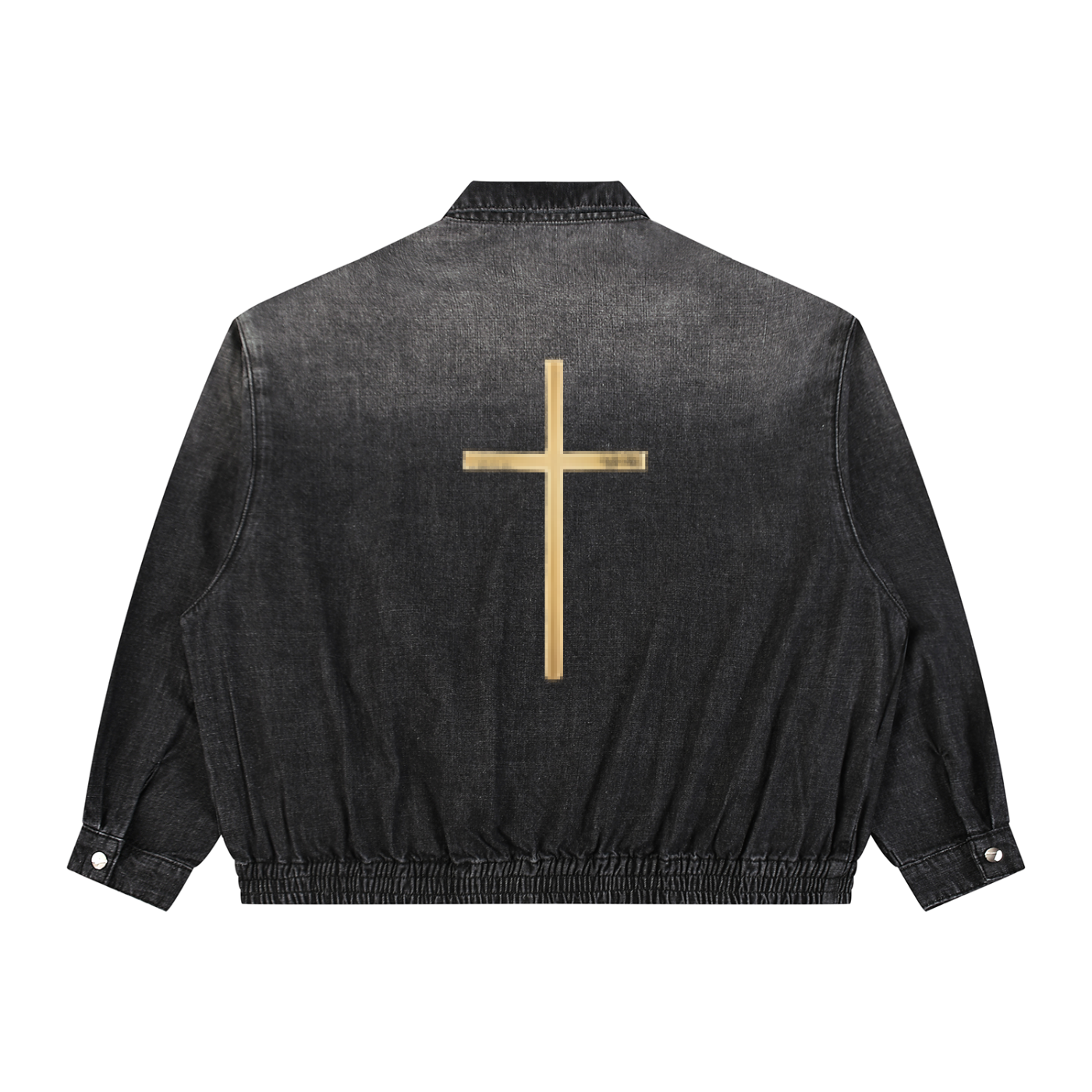 Black denim full-zip jacket with back cross graphic and buttoned chest pockets
