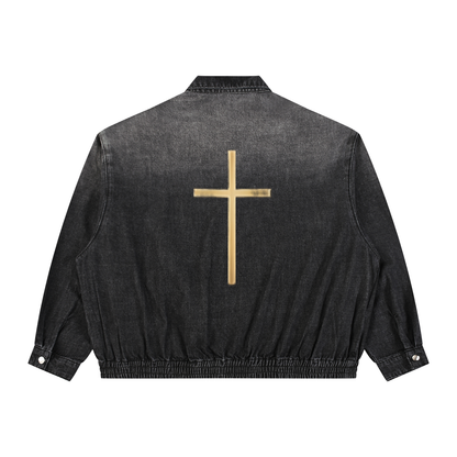 Black denim full-zip jacket with back cross graphic and buttoned chest pockets