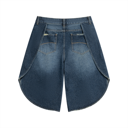 Medium blue wide-leg denim shorts with front pockets and seam details