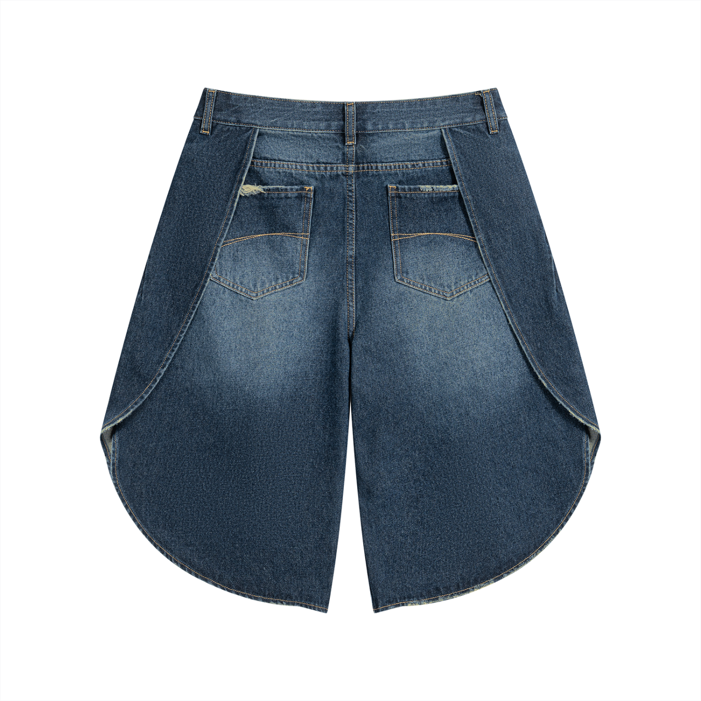 Dark blue wide-leg denim shorts with button fly, angled front pockets, curved hem