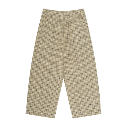 Unisex apricot plaid wide-leg pants with elastic waistband and loose, drapey fit