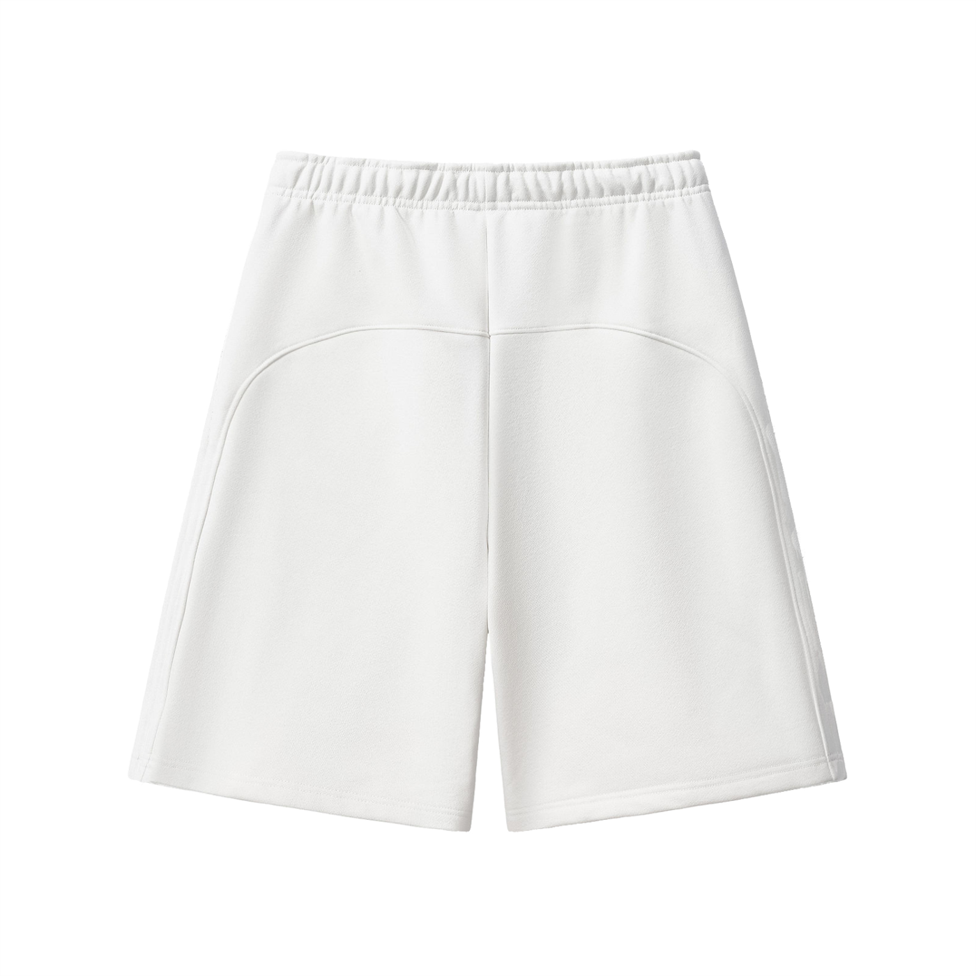 White heavyweight fleece shorts, elastic waistband with drawstring, back view