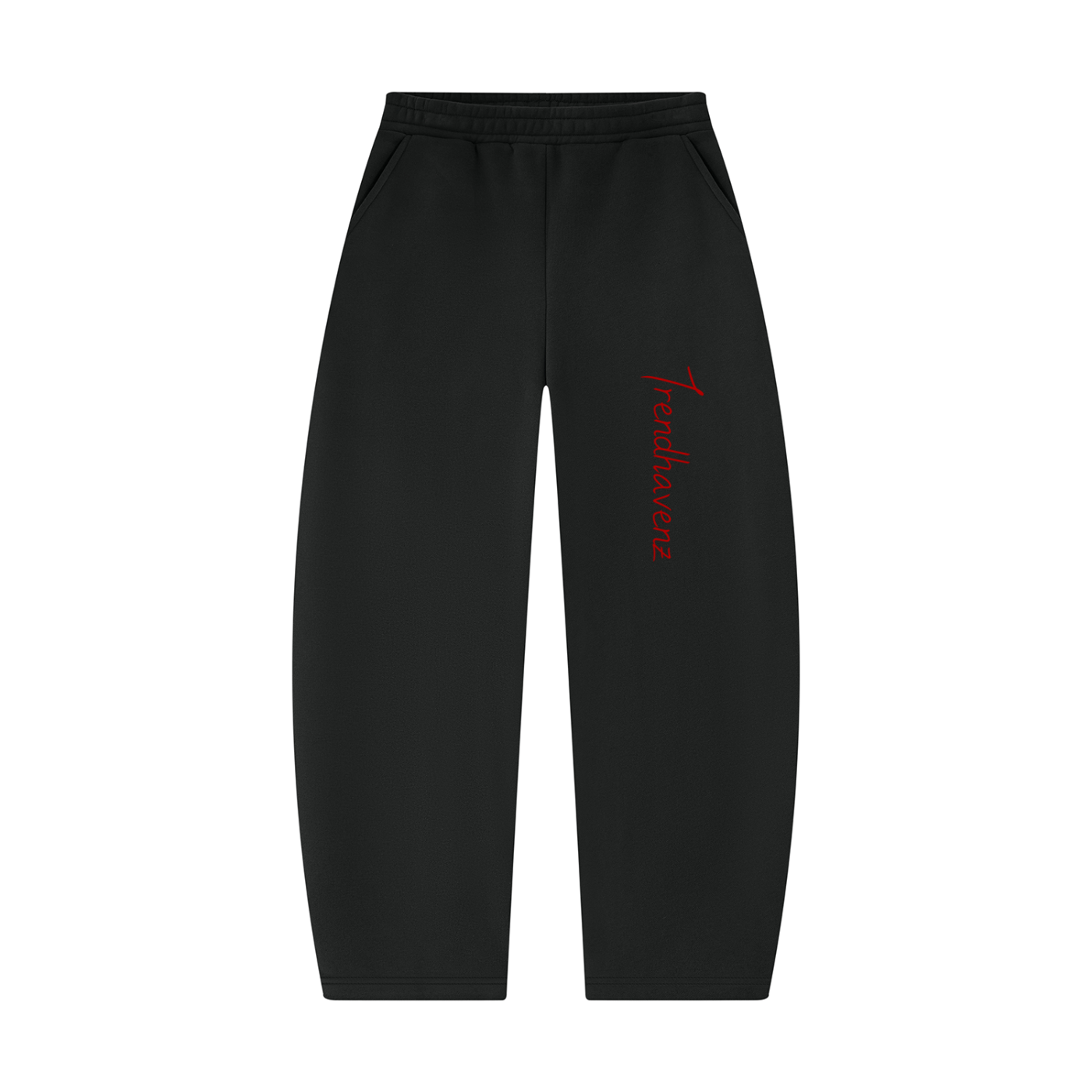 Black barrel-leg unisex sweatpants with red logo and elastic waistband