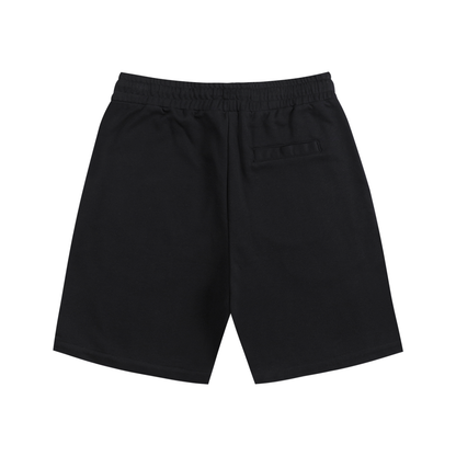 Black cotton shorts with elastic waistband, drawstring, and side pockets; no front graphic.