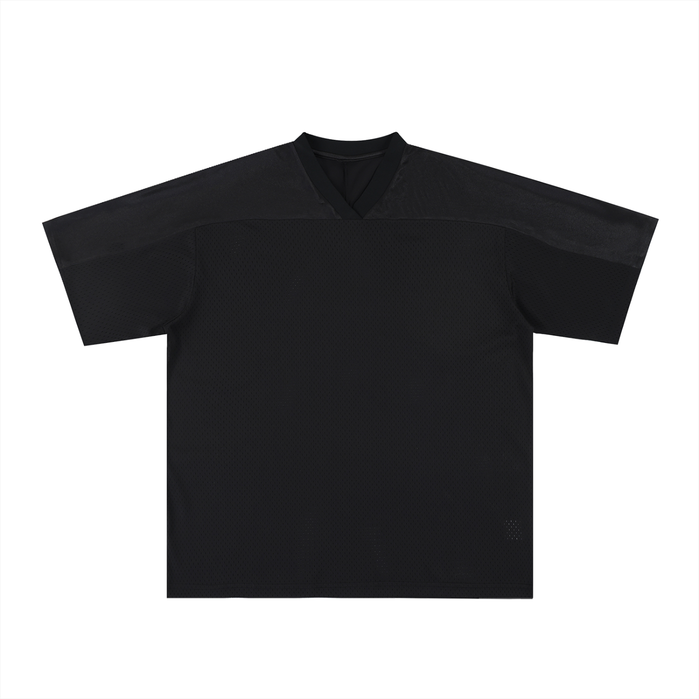 Black mesh soccer jersey with V-neck, short sleeves, relaxed oversized fit