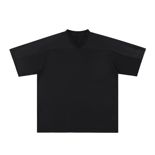 Black mesh soccer jersey with V-neck, short sleeves, relaxed oversized fit