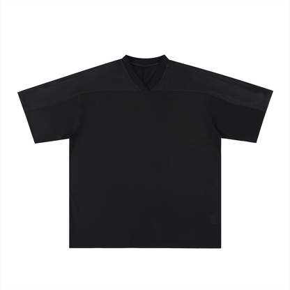 Black oversized mesh soccer jersey with V-neck collar, short sleeves, blank front