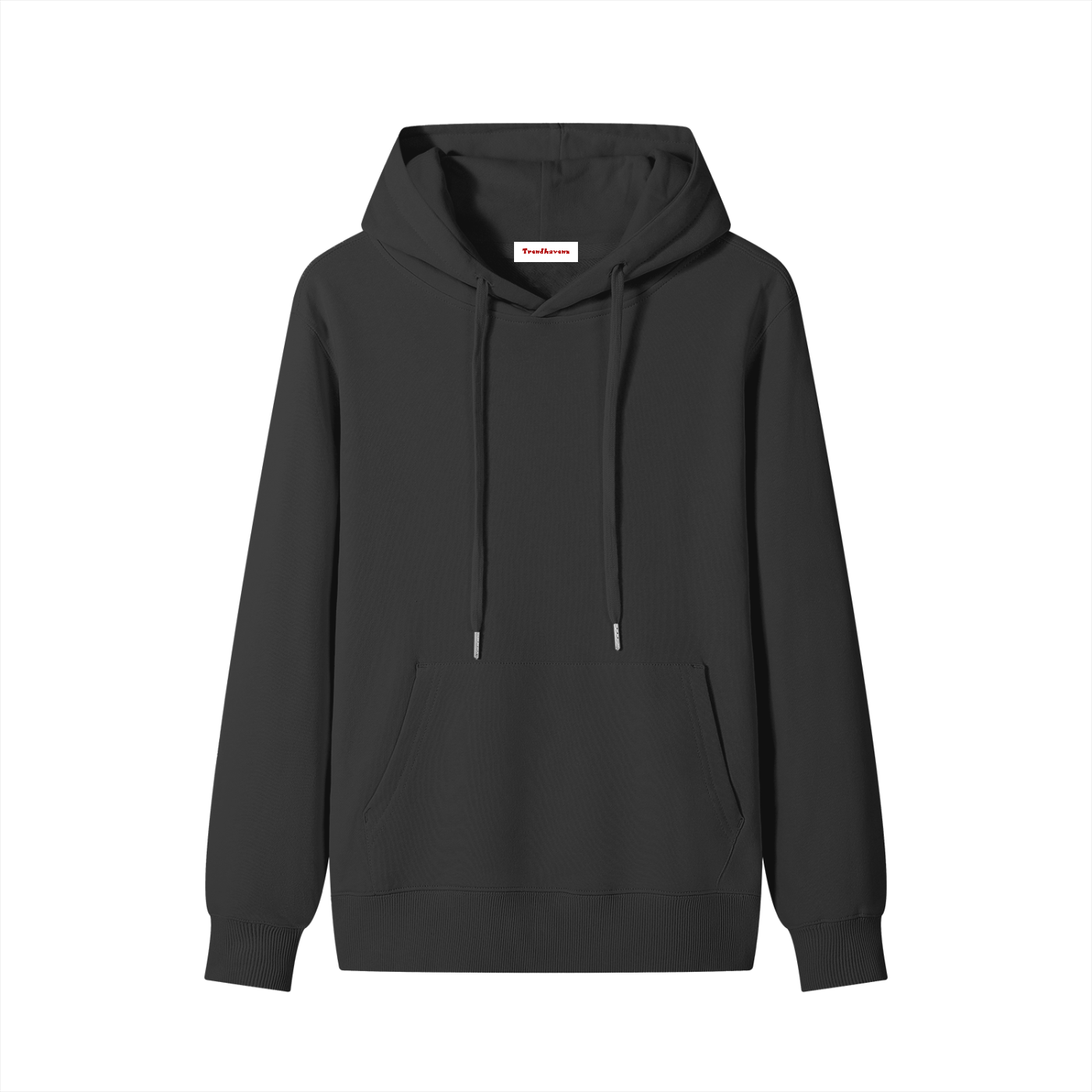 Black cotton unisex hoodie with front kangaroo pocket and drawstring hood