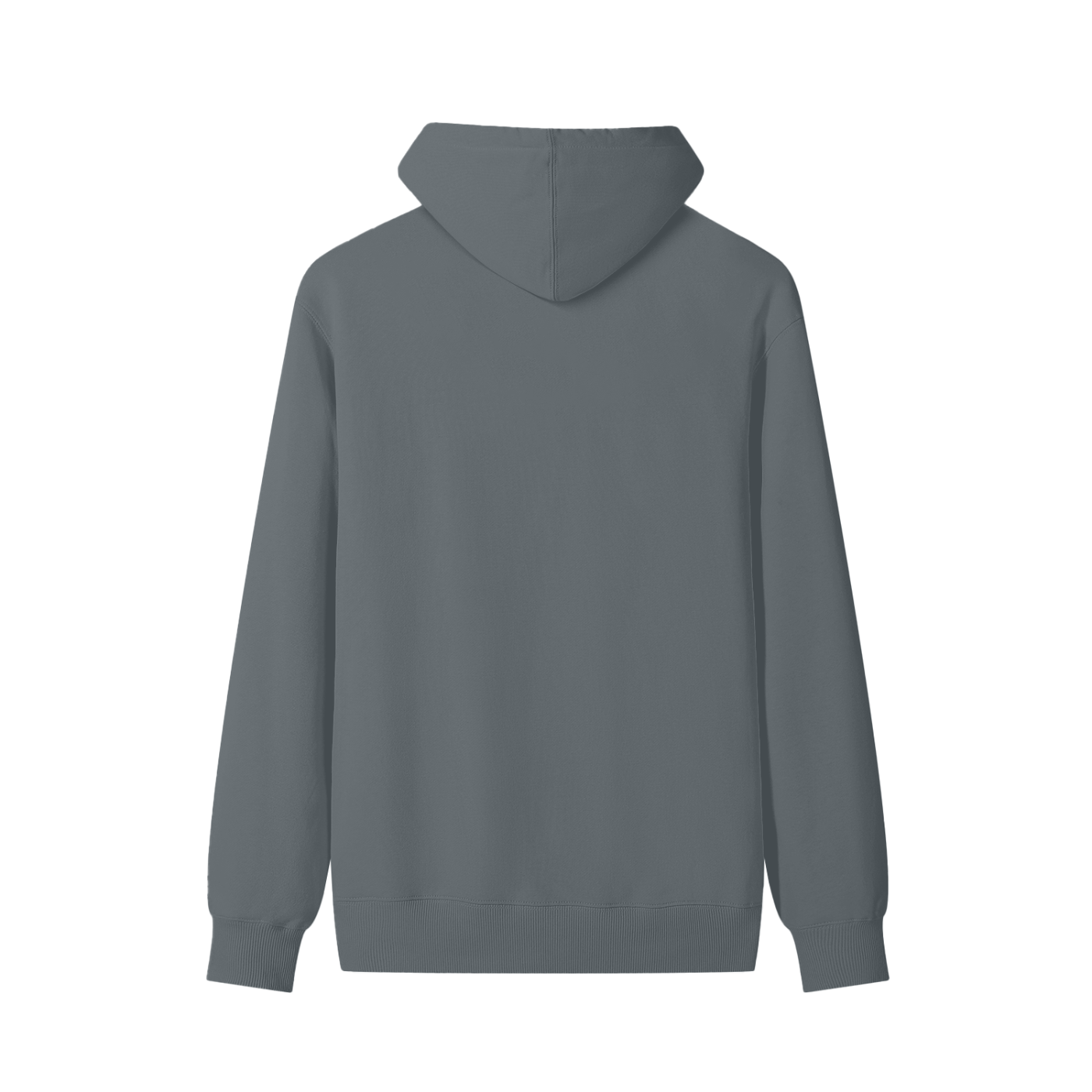 Unisex cotton pullover hoodie, back view, slate gray hood with ribbed cuffs