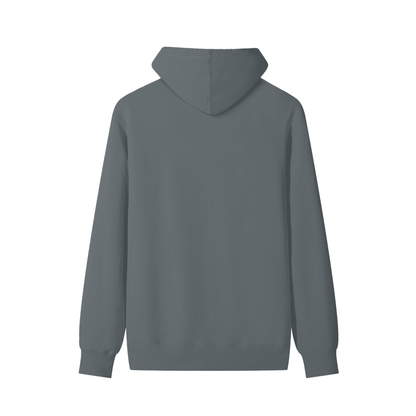 Unisex cotton pullover hoodie, back view, slate gray hood with ribbed cuffs